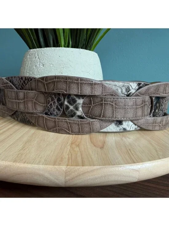 Chicos Belt M Brown Croc Embossed Faux Leather Belt With Snake Print Accents - Picture 8 of 16